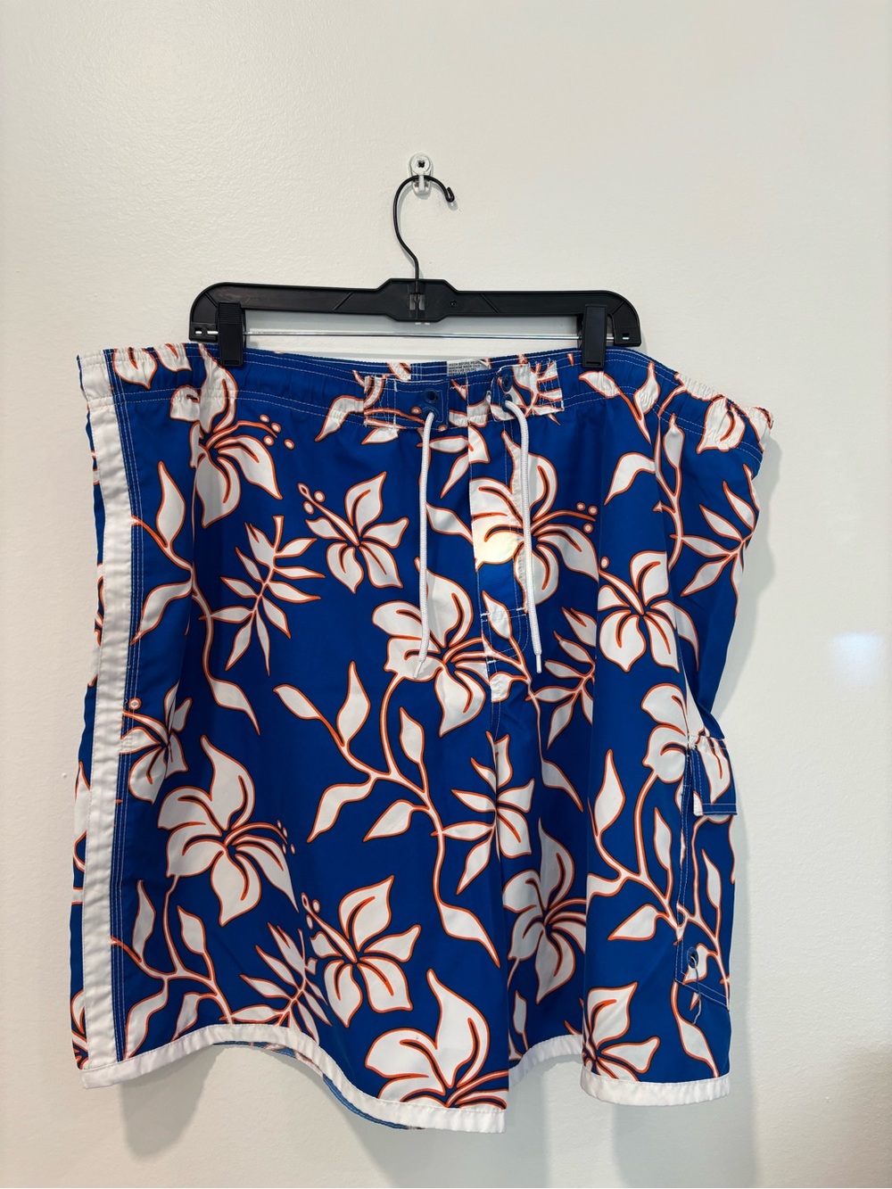 Blue Floral Swim Trunks with White & Orange Hibiscus Print